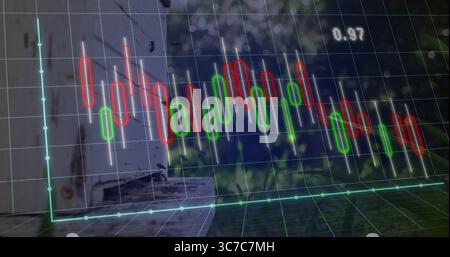 Displaying candlestick chart overlay floating in garden with green red bars, wood post, label 0 Stock Photo