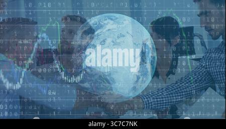 five professionals analyzing data on laptops in office boardroom, with rotating globe overlay Stock Photo