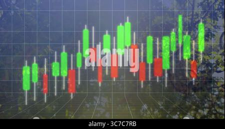 Moving green, red candlestick bars over translucent 3D forest grid, with white wick and axis lines Stock Photo