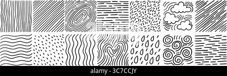 Hand drawn crosshatch pattern set with various textures including clouds, curls, and line scribbles. Black and white square tiles. Stock vector illust Stock Vector