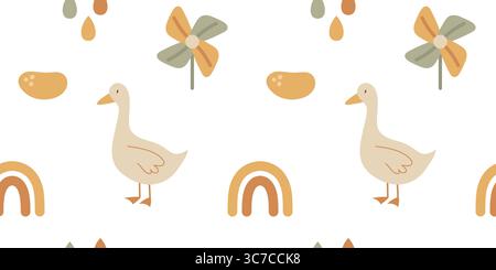 Seamless boho baby pattern with cute ducks, rainbows and floral shapes in muted beige and orange colors. Perfect for baby textile. Stock Vector
