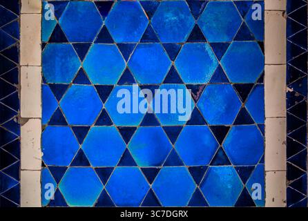 Ornate blue mosaic made of old handmade ceramic tiles in a star pattern in a traditional arabic or Islamic style in Istanbul, Turkey Stock Photo