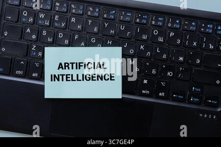 Top view of woman fingers typing on laptop keyboard, AI hologram with chatbot and online communication, digital lines and global connection. Concept o Stock Photo
