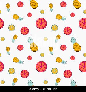 Colorful fruit pattern featuring pineapples and citrus slices on a white background Stock Vector