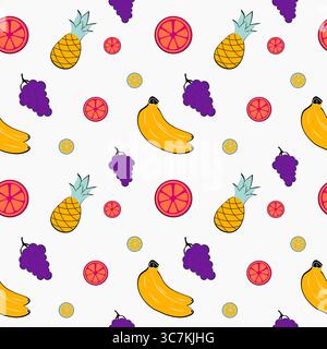 Colorful fruit pattern featuring bananas, pineapples, grapes, and citrus on a white background Stock Vector