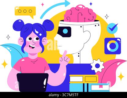 Machine Learning Vector Illustration featuring Artificial Intelligence Jobs, Scientists Working with Big Data and Technology Engineers in a Background Stock Vector