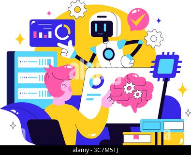 Machine Learning Vector Illustration featuring Artificial Intelligence Jobs, Scientists Working with Big Data and Technology Engineers in a Background Stock Vector
