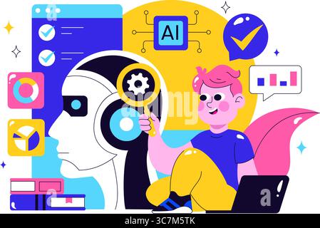 Machine Learning Vector Illustration featuring Artificial Intelligence Jobs, Scientists Working with Big Data and Technology Engineers in a Background Stock Vector