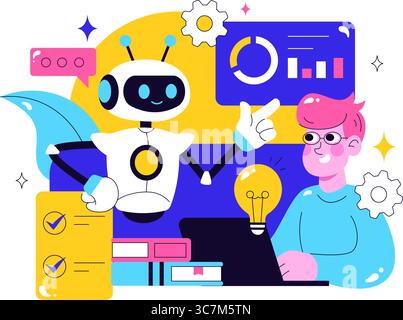 Machine Learning Vector Illustration featuring Artificial Intelligence Jobs, Scientists Working with Big Data and Technology Engineers in a Background Stock Vector