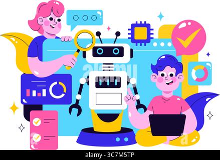 Machine Learning Vector Illustration featuring Artificial Intelligence Jobs, Scientists Working with Big Data and Technology Engineers in a Background Stock Vector