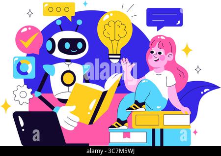 Machine Learning Vector Illustration featuring Artificial Intelligence Jobs, Scientists Working with Big Data and Technology Engineers in a Background Stock Vector