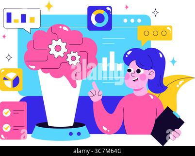 Machine Learning Vector Illustration featuring Artificial Intelligence Jobs, Scientists Working with Big Data and Technology Engineers in a Background Stock Vector