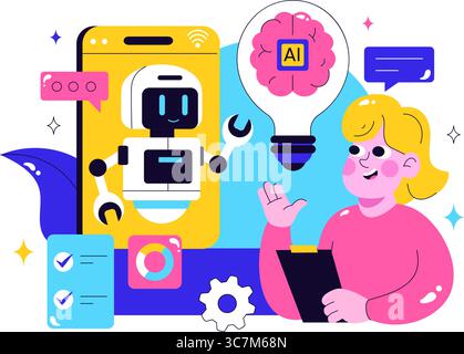 Machine Learning Vector Illustration featuring Artificial Intelligence Jobs, Scientists Working with Big Data and Technology Engineers in a Background Stock Vector