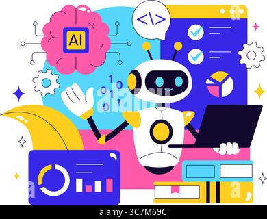 Machine Learning Vector Illustration featuring Artificial Intelligence Jobs, Scientists Working with Big Data and Technology Engineers in a Background Stock Vector