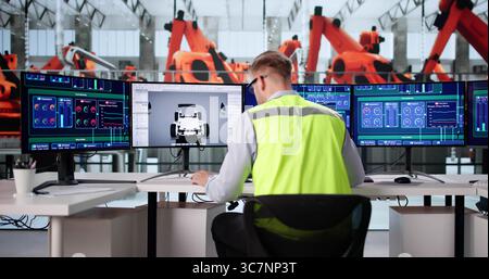 Young Engineer Using PC To Assemble Electric Cars In Factory. Stock Photo