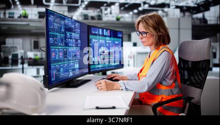 Female Engineer Ensuring Efficiency At Factory Using Computer System Technology Stock Photo
