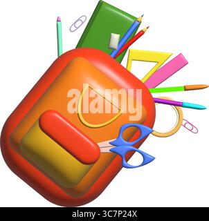 3D vector of a vibrant school backpack filled with books, pencils, scissors, and supplies. Perfect for education and back-to-school designs. Stock Vector