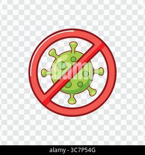 No Virus Cartoon Icon with Green Microbe and Red Prohibition Symbol on Transparent Background Stock Vector