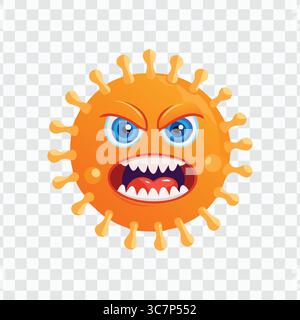 Angry Cartoon Orange Virus with Teeth and Blue Eyes on Transparent Background for Medical and Educational Use Stock Vector