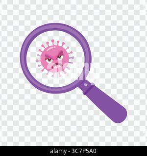 Cartoon Virus Under Magnifying Glass in Purple on Transparent Background for Medical and Science Concepts Stock Vector