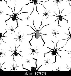 Black spiders seamless pattern graphic style. Arachnid, arthropod insects vector illustration background. For packaging on Halloween, textile, decor Stock Vector