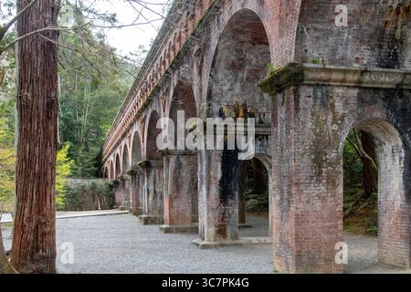 Ancient aqueduct (Suirokaku) near the Nanzenji Temple, Kyoto, Japan built in the style of the Romans contstructed in Meiji Era with flow of water tran Stock Photo