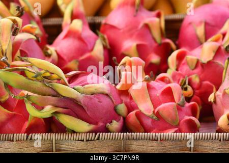 Close up of exotic Dragonfruit fruits for sale at market Stock Photo