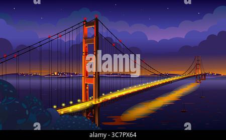 The Golden Gate Bridge across the strait. San Francisco. Night view. Vector illustration Stock Vector