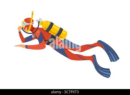 Scuba diver, diver in equipment, in a red suit on a white background. Vector illustration in cartoon style Stock Vector