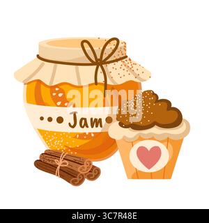 Illustration of pumpkin jam in glass jar, cupcake with cinnamon. Dessert design element in flat style. Stock Vector