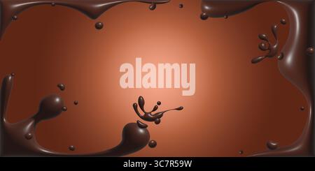 Realistic 3D vector background of melting chocolate drips and splash elements on a brown gradient backdrop. Stock Vector