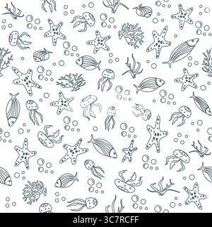 Marine life pattern featuring fish, starfish, jellyfish, and seaweed, suitable as background vector Stock Vector