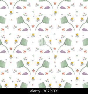 Marine life seamless pattern with sea creatures and shells in pastel colors, perfect for backgrounds vector Stock Vector