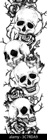 Seamless vertical border with skulls, roses, dry branches. Graphic vector illustration with white plate for Gothic style, Halloween or Day of the Dead Stock Vector