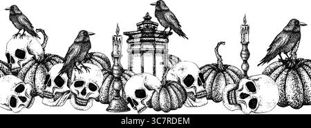 Halloween seamless border with pumpkins, skulls, black crow, vintage lantern and candelabrum, candle. Graphic illustration with white background Stock Vector
