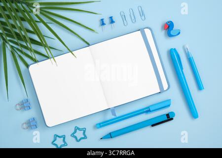 Blank notebook page with blue pen, erasers, pins, clips on light blue background. Place for your text. Stock Photo