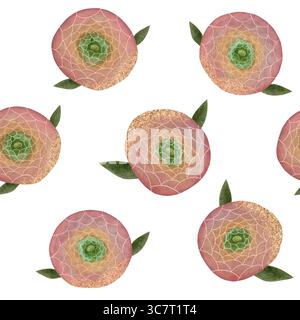 Seamless watercolor pattern of round, soft pink ranunculus flowers with leaves on a white background. Delicate and romantic, perfect for wedding desig Stock Photo