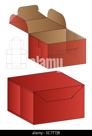 Red Cardboard Packaging Box Open and Closed Mockup with dieline template Layout Stock Vector