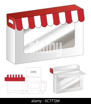 Red and White Bakery Box with Handle and Window Flat Template and 3D Mockup Stock Vector