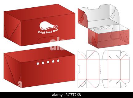 Fried Food Box Packaging Template with Chicken Illustration 3D Mockup and Dieline Layout Stock Vector