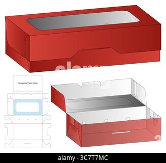 Red Cardboard Box with Clear Plastic Window  3D Mockup and DieCut Template Stock Vector