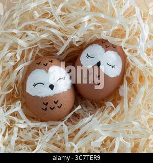 Owls sleeping in the nest. Brown Easter eggs in straw. Preparing for Easter. Stock Photo