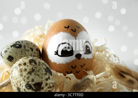 Funny owl made of egg. Brown Easter egg in a straw nest and quail eggs. Stock Photo