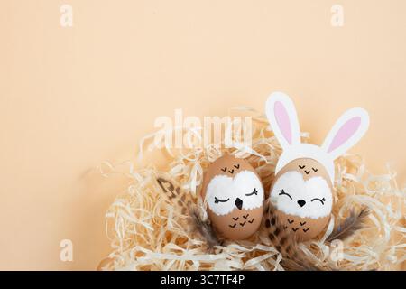 Sweet owl family. Brown easter eggs with painted faces and bird feathers. One owl in banny ears hairband. Horizontal, place for your text. Stock Photo