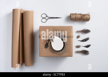 DIY craft for Easter: things for gift wrapping. Zero waste inspiration for spring holidays. Stock Photo