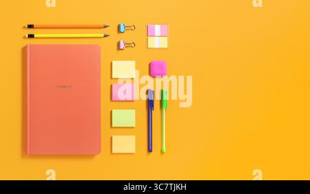 Banner with orange notebook and colorful stationery on yellow background. Flatly, copyspace. Stock Photo