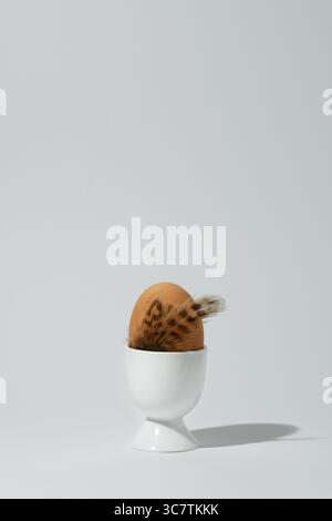 brown egg with a feather in a white egg cup on a light gray background. Minimal Easter decor and natural spring aesthetics. Stock Photo