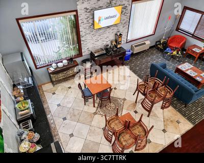 Top view of a hotel lobby with breakfast area; seen from above Stock Photo