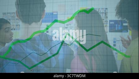 Team-of-five analyzing charts and sticky notes on board in meeting-room, with green graph overlay Stock Photo