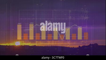 Displaying bar chart and line graph over rural sunrise horizon, with numeric labels and grid lines Stock Photo
